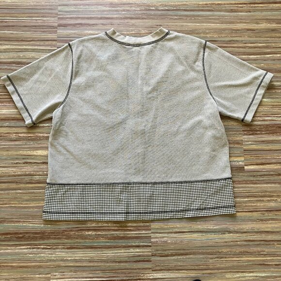 Gingham Patchwork Short Sleeve Button Front Shirt Beige Vintage K by Koret 90s - Picture 6 of 7